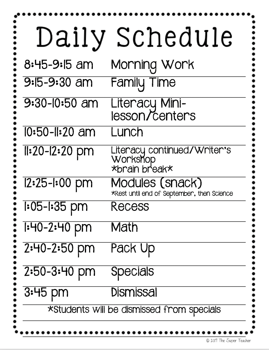 Daily Schedule - Ms. D'Occhio's Kindergarten Class